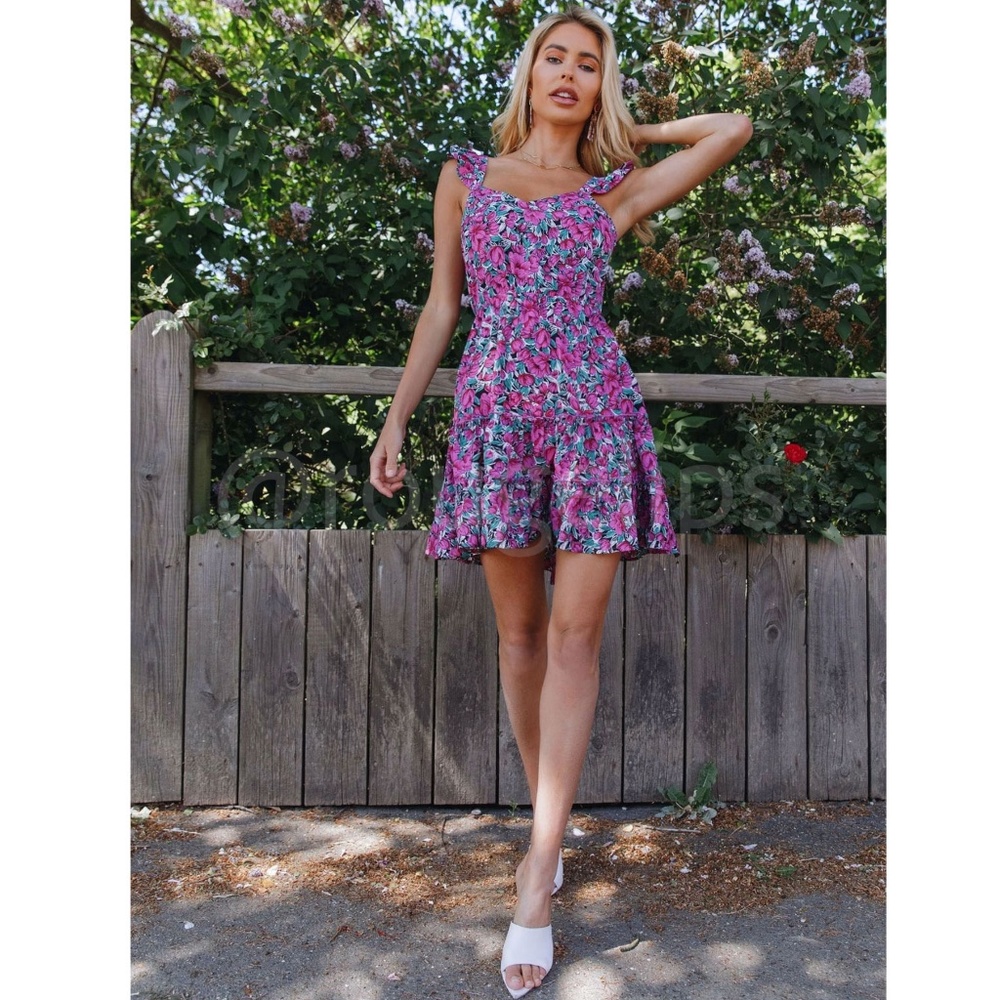 Floral Print Mini Dress Ruffle Detail Tie Back Fuchsia Green White - Picture 5 of 16